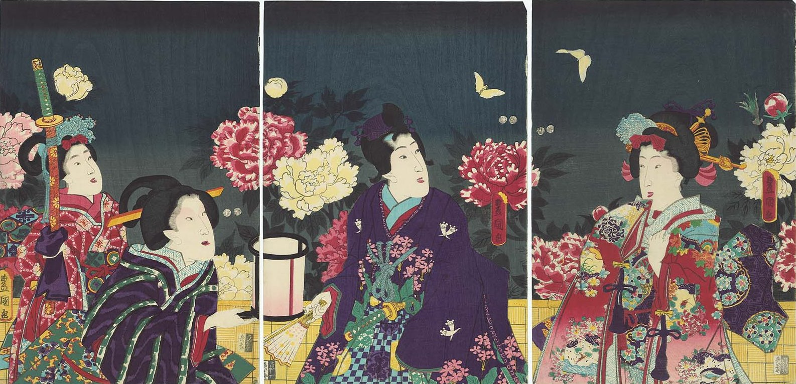 Утагава Кунисада. Триптих: Ночное созерцание цветущих пионов