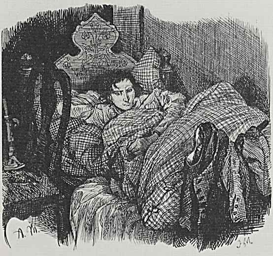 Адольф фон Менцель. Иллюстрация к сочинению Бертольда Ауэрбаха "Слесарь из Виттенберга" [05], Лежа в постели, Слесарь с тревогой думает о поручении 