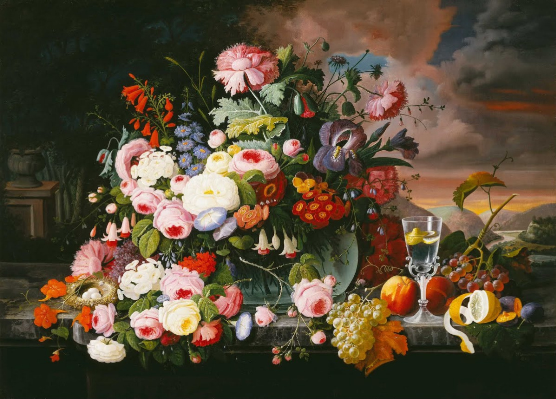 Северин Розен. Натюрморт с цветами и фруктами с речным пейзажем вдали