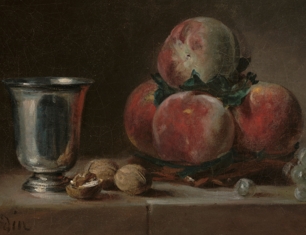 Жан Батист Симеон Шарден. Натюрморт с персиками, серебряным кубком, виноградом и грецкими орехами. Фрагмент