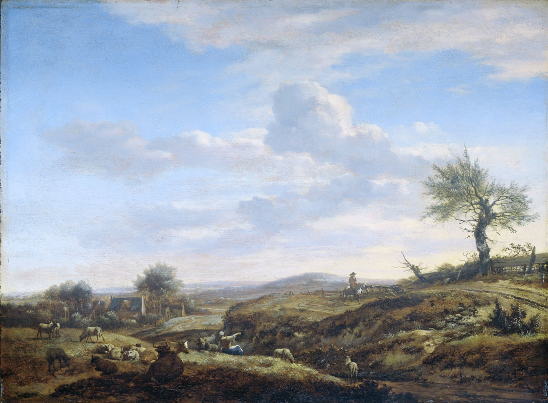 Адриан ван де Вельде. Холмистый пейзаж со столбовой дорогой