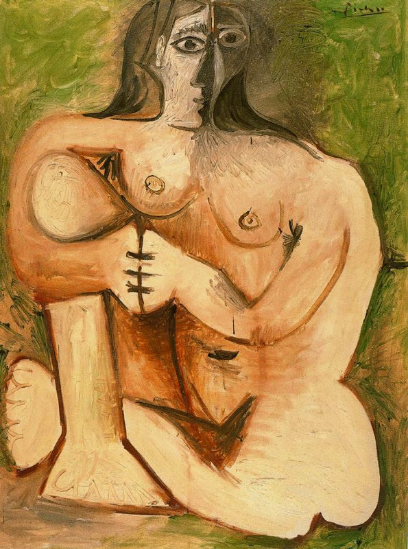 Пабло Пикассо. Женщина, сидящая на корточках на зеленом фоне