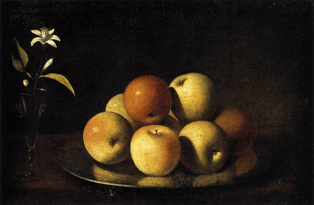 Хуан де Сурбаран. Натюрморт с тарелкой яблок и цветком апельсина