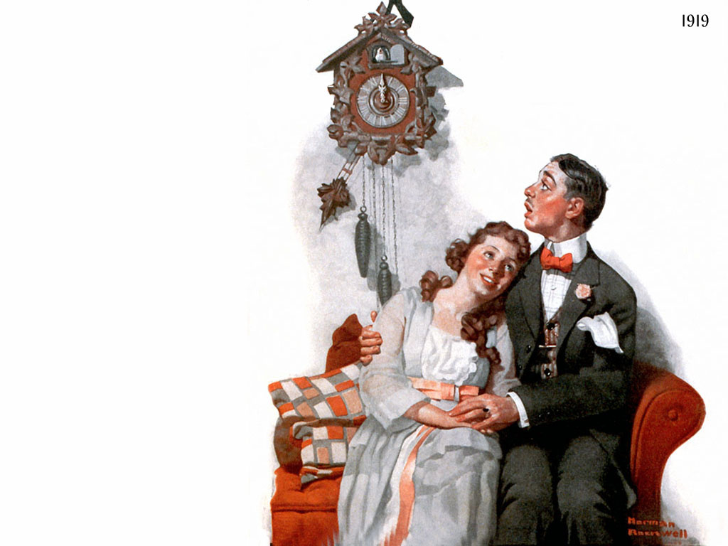 Норман Роквелл. Влюбленная пара в полночь. Обложка журнала "The Saturday Evening Post" (22 марта 1919 года)