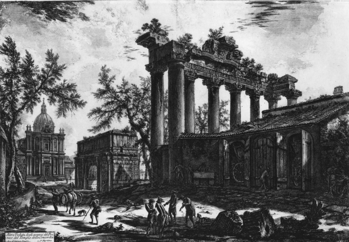 Джованни Баттиста Пиранези. Вид храма Сатурна и Триумфальной арки Септимия Севера на Римском форуме