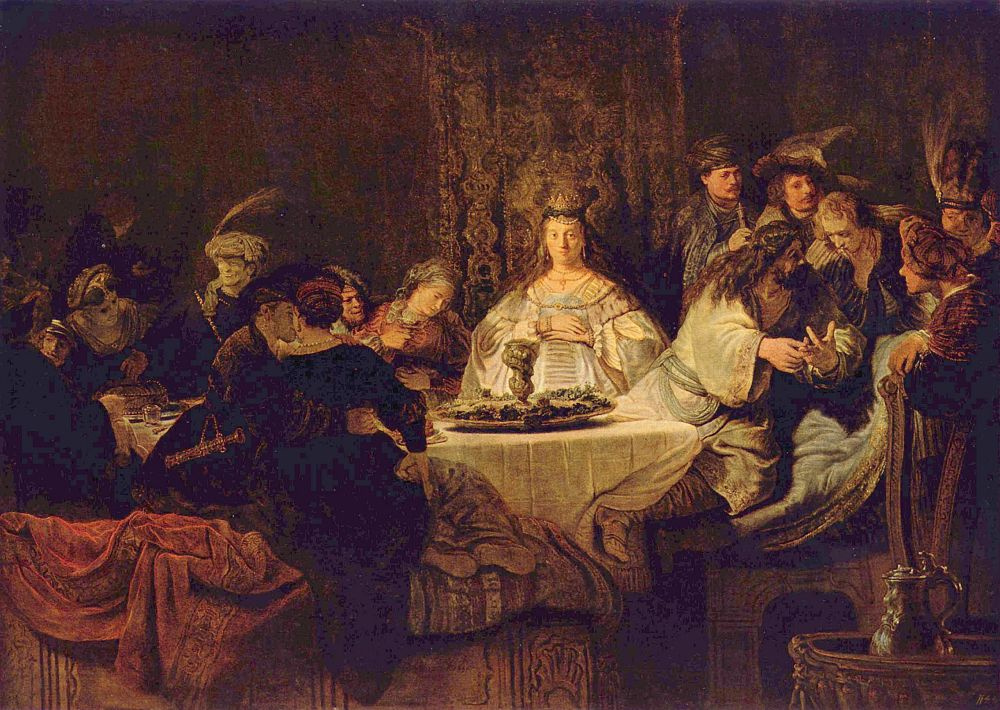 Рембрандт Харменс ван Рейн. Самсон, загадывающий загадку за свадебным столом