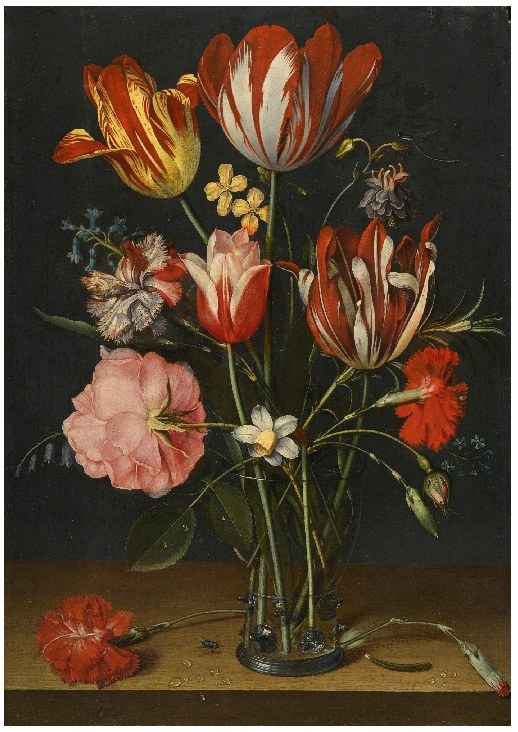 Якоб ван Хюльсдонк. Натюрморт из тюльпанов, гвоздик, роз и других цветов в стекляном стакане
