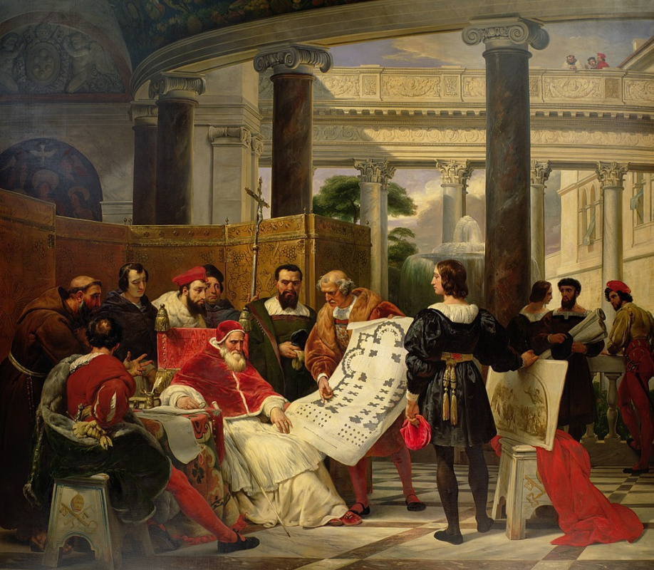 Эмиль Жан Орас Верне. Папа Юлий II обсуждает с Браманте, Микеланджело и Рафаэлем проект строительства базилики святого Петра