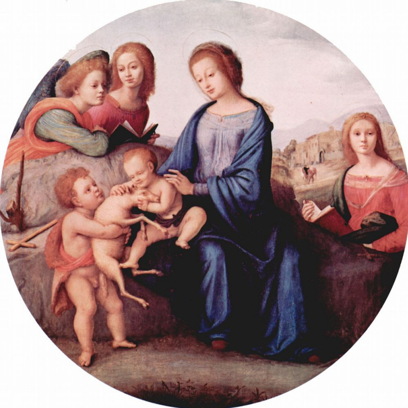 Пьеро ди Козимо. Мадонна с Иоанном Крестителем, св. Маргаритой и ангелами, тондо